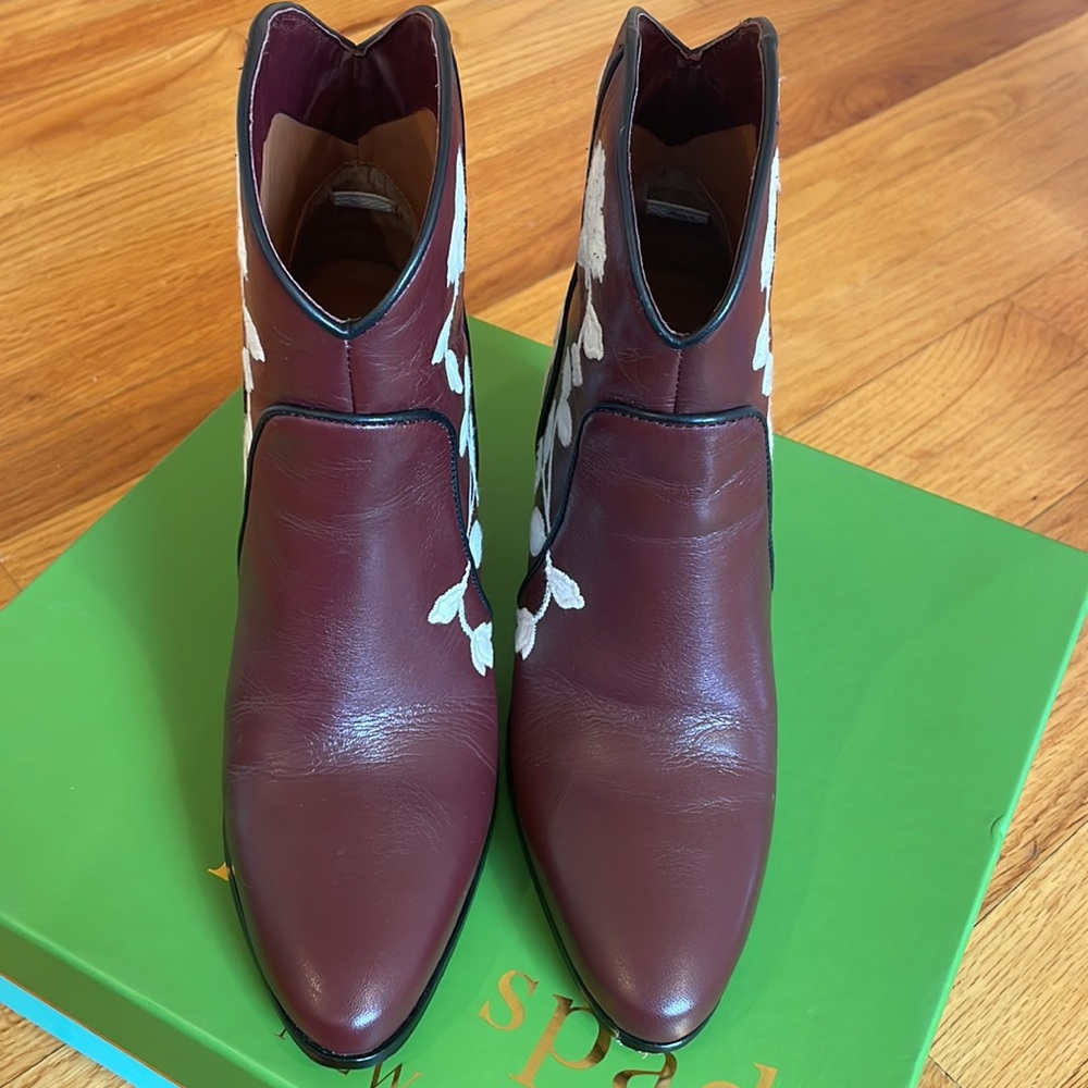 Kate Spade Burgundy Leather Ankle Boots with White Floral Embroidery - Picture 16 of 16